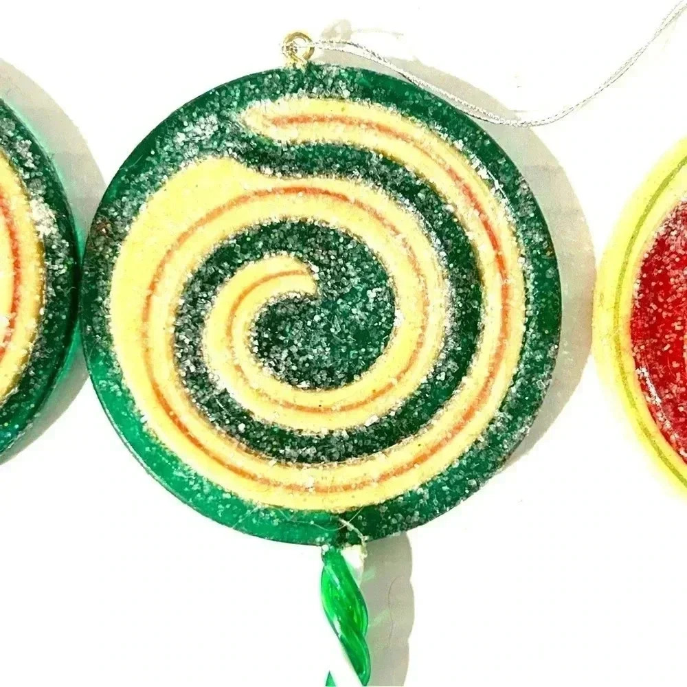 Vintage x3 Christmas Lollipop Hanging Ornaments Glitter Tree Swirl Design Art - Picture 3 of 9